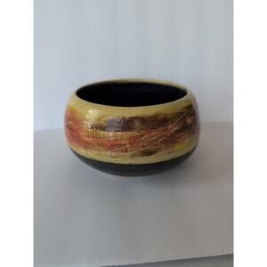 Studio Art Pottery Planter Stoneware Glazed Round Brown Orange Blue Signed